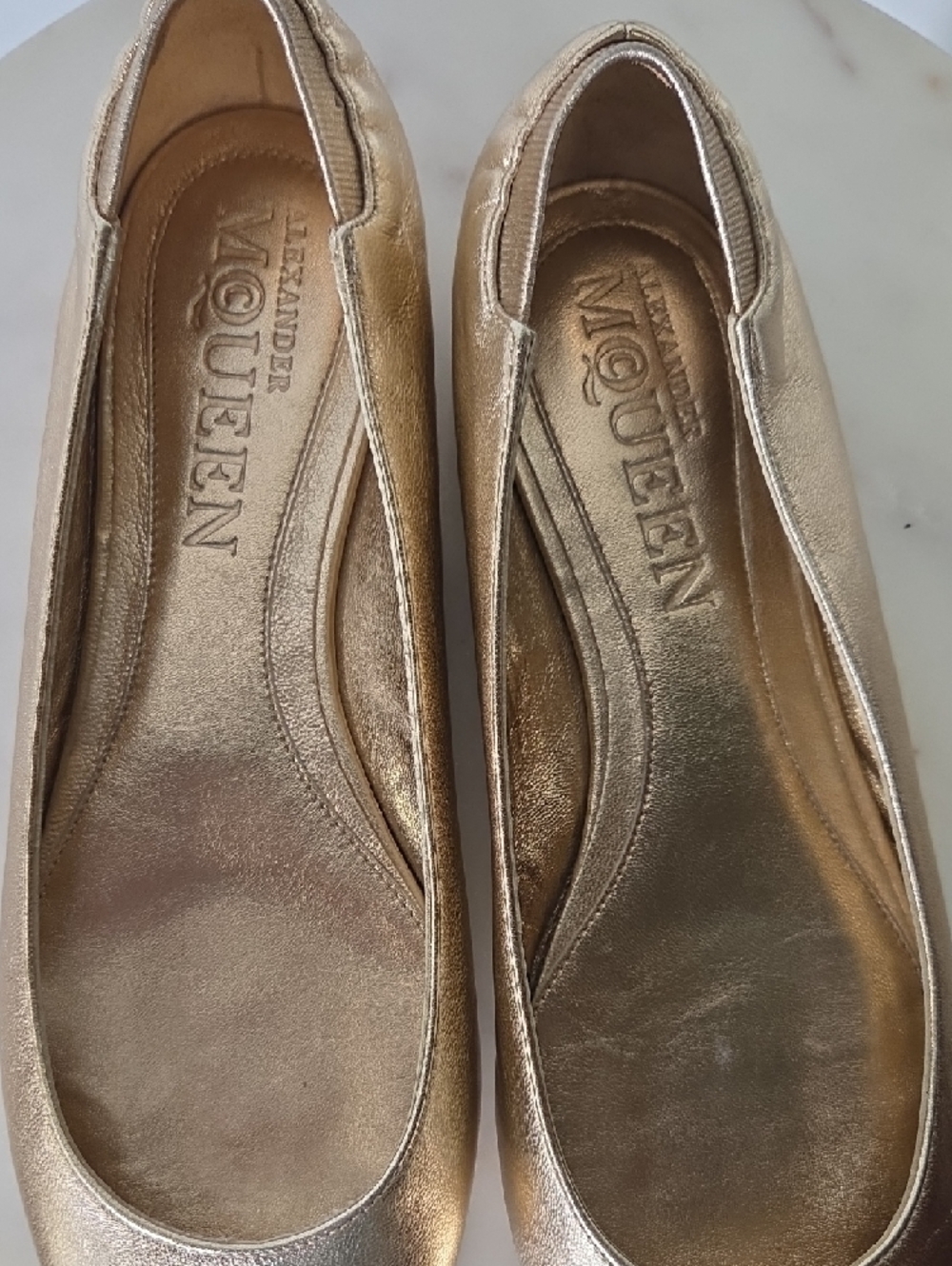 Alexander McQueen Gold Leather Metallic Sequin-Toe Ballet Flats Size 37.5 - Picture 7 of 13